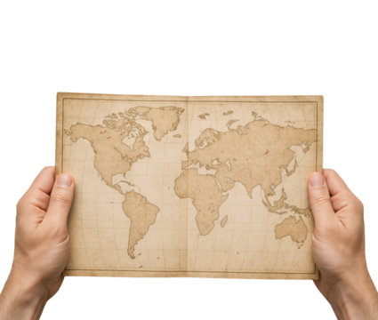 Hands Holding a Vintage World Map Open to Illustrate Global Exploration and Adventure, Isolated on Transparent and White Background