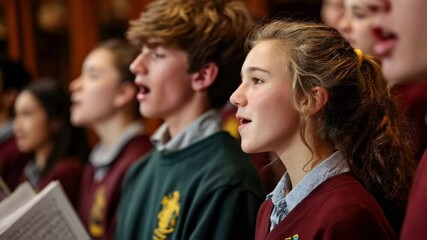 Choir members, dressed in uniform sweaters and shirts, sing with focused expressions, possibly during a church service or school performance, showcasing their dedication to music and faith