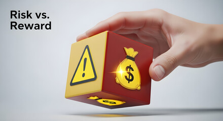 Hand holding a cube with a warning sign and a money bag representing risk reward isolated on white background, tarensparent background, png, jpg,jpeg,  on transparent background