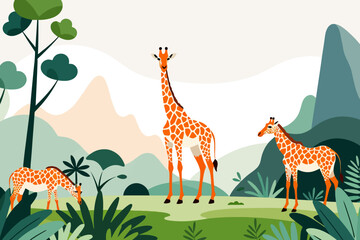 Obraz premium Giraffe Family in Jungle-Cute Giraffes in Natural Habitat-African Wildlife Illustration-Giraffe Cartoon Vector Art-Wildlife Conservation Art