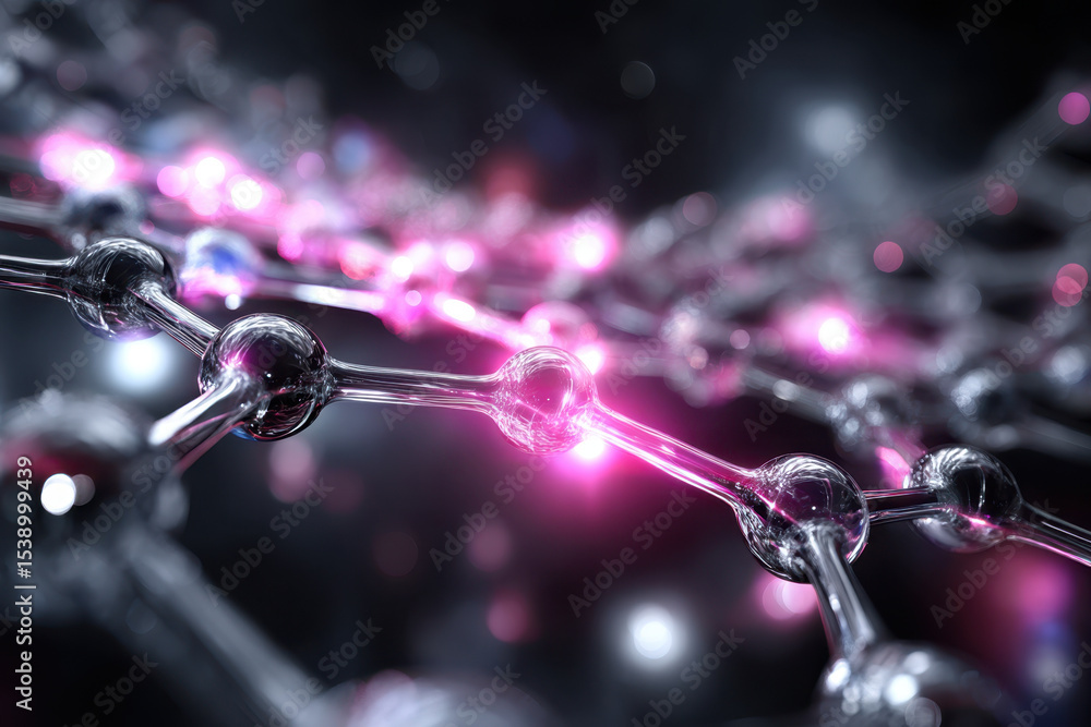 Poster molecular structure illuminated with glowing particles in a dark environment