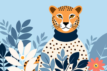 Illustration of a Cute Cartoon Leopard in Sweater-Stylish Feline Art with Floral Background-Modern and Whimsical Animal Design for Kids and Home Decor_
