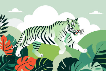 Fototapeta premium Illustration of a Tiger in the Jungle-Graphic Tiger Art with Tropical Leaves-Modern Design for Nature Lovers-Explore Wildlife Art Prints-Unique Tiger Illustration
