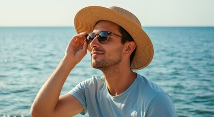 Handsome man in a straw hat and sunglasses enjoys the beach.
