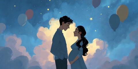 Romantic Couple Silhouette Celestial Night Sky Pregnancy Announcement Digital Art