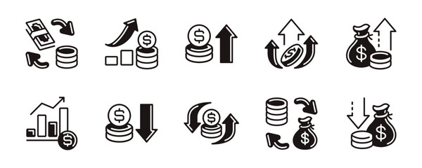 financial money cash flow icon line set business income dollar arrow up and down profit chart economy investment signs vector outline illustration