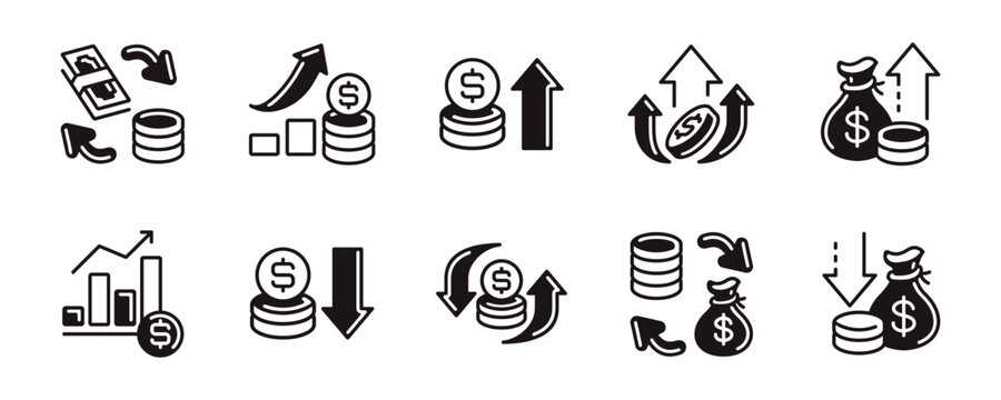 financial money cash flow icon line set business income dollar arrow up and down profit chart economy investment signs vector outline illustration