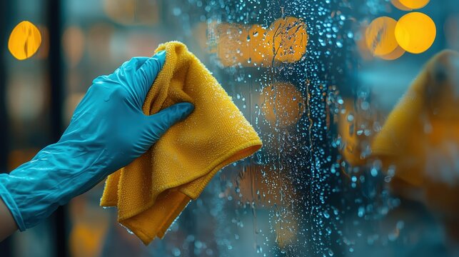 Hand wearing a blue glove cleaning a wet window glass at night, using a yellow microfiber cloth to wipe away water droplets