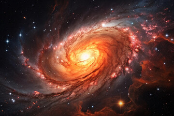 A swirling, vibrant nebula with a central, bright, fiery core