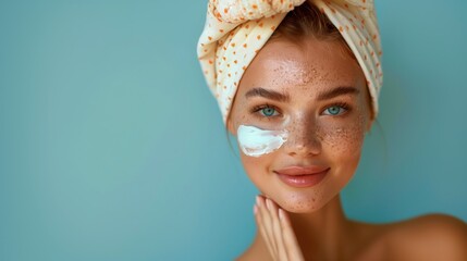 Young woman wearing towel, applying facial cream, practicing morning skincare regimen with relaxed expression and self care focus