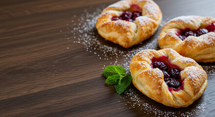 Baked puff cherry pies with powdered sugar and mint close-up on the table.
