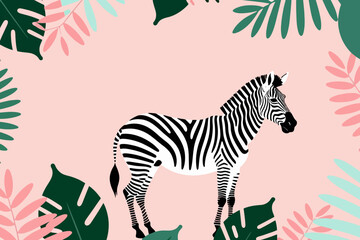 Obraz premium Zebra Illustration with Tropical Leaves-Unique Animal Art-Perfect for Nursery Decor-Whimsical Wildlife Design-Safari Theme Wall Art-Jungle Inspired Home Decor