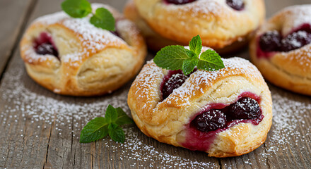 Baked puff cherry pies with powdered sugar and mint close-up on the table.