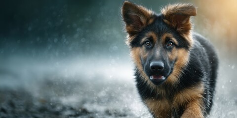 Playful puppy exploring a wet outdoor area during a rainy day in a natural setting, capturing the joy of canine adventure