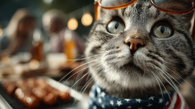Cat wearing sunglasses poses in outdoor gathering with barbecue food and friends at sunset