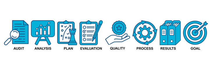 Assessment icon set vector illustration for accreditation and evaluation method on business and education with audit, analysis, plan, evaluation, quality,process,results and goal icon