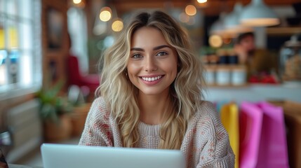 Blonde professional typing on laptop, sitting in sunlit cafe, radiating productivity and relaxed workspace satisfaction