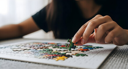 A person holding a puzzle piece over a partially completed jigsaw puzzle on table isolated on white background, tarensparent background, png, jpg,jpeg,  on transparent background
