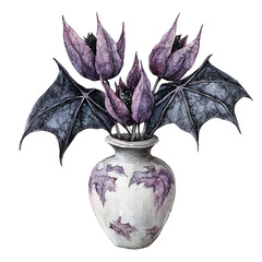 watercolor vector of A Black Bat Flower In A Vase, isolated on a white background.