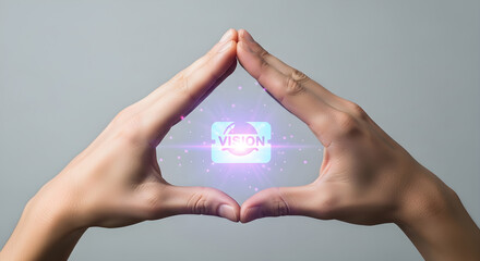 Two hands forming a triangle around a vision logo with a gray background image isolated on white background, tarensparent background, png, jpg,jpeg,  on transparent background