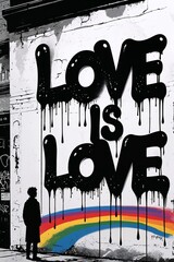 Empowering urban mural artwork with bold black 'LOVE IS LOVE' lettering, paint drips, rainbow stripes symbolizing LGBTQ rights and acceptance, with a lone silhouette figure standing against the wall.