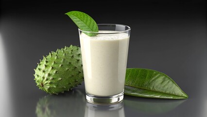 Creamy Soursop Smoothie with Fresh Fruit and Leaf Garnish on Dark Background