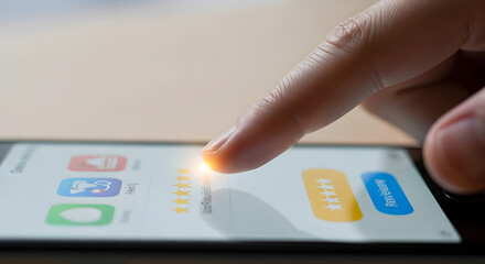 Finger touching five stars on a smartphone screen giving a positive rating online isolated on white background, tarensparent background, png, jpg,jpeg,  on transparent background
