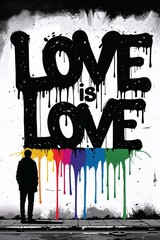Urban protest artwork featuring powerful black dripping paint typography 'LOVE IS LOVE' with rainbow flag colors below, celebrating LGBTQ+ rights, love equality, and social activism through graffiti.