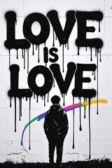 Street art mural with bold black graffiti text 'LOVE IS LOVE' dripping over rainbow stripes on a city wall, symbolizing LGBTQ pride, equality, and freedom. Silhouette figure standing in admiration.