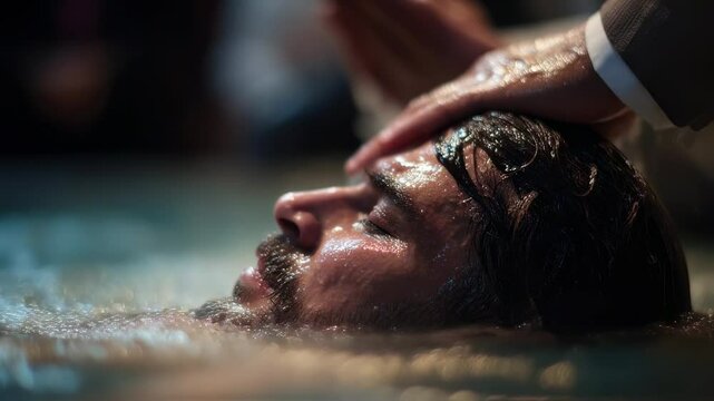 Religious baptism symbolizing spiritual rebirth, featuring priest performing sacred rite of full water immersion while laying hands on devoted believer during transformative christian ceremony