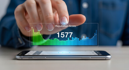 Person viewing reputation score graph on smartphone with finger near the screen isolated on white background, tarensparent background, png, jpg,jpeg,  on transparent background