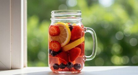 A vibrant mason jar filled with refreshing fruit-infused water on a sunny day.
