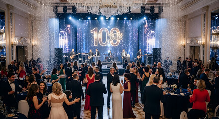 Elegant 100th Anniversary Celebration People Dancing, Band Performing, Formal Event, Luxury Ballroom.