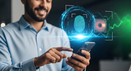 Man using phone with fingerprint and eye scan technology for secure access system isolated on white background, tarensparent background, png, jpg,jpeg,  on transparent background