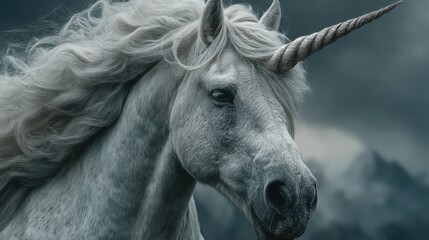 Majestic unicorn standing in a mystical landscape with dramatic skies and mountains in the distance