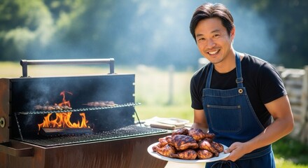 A smiling asian man grills chicken on a barbecue outdoors.