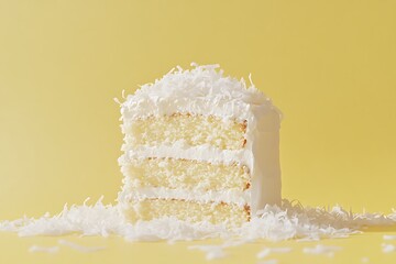 A coconut cream cake slice with fluffy white layers and shredded coconut topping, against a pastel daffodil yellow backdrop 