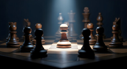 A chess board with a light colored pawn highlighted among the dark chess pieces isolated on white background, tarensparent background, png, jpg,jpeg,  on transparent background