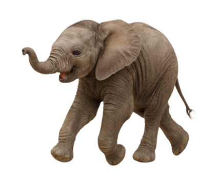 Playful Baby Elephant Joyfully Running with Outstretched Trunk and Delightful Expression, Isolated on Transparent and White Background