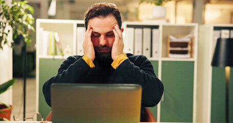 Man, laptop and headache at startup, stress or exhausted with burnout for deadline at night....