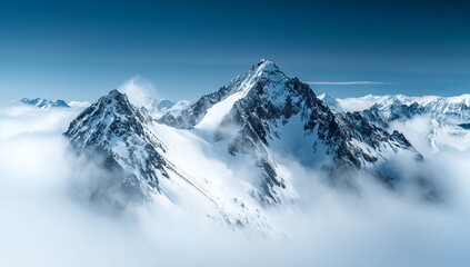 Obraz premium A panoramic view of snow-covered mountains, their peaks piercing through the clouds, creating an awe-inspiring landscape. High-contrast photography captures every detail in stunning clarity. Shot