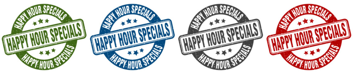 happy hour specials stamp. happy hour specials round stamp set isolated on white background