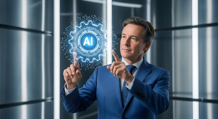 Man in suit interacting with glowing ai gear interface with fingers extended out isolated on white background, tarensparent background, png, jpg,jpeg,  on transparent background