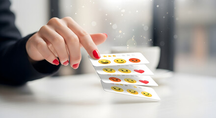 A woman's hand selecting an emoji card from a stack of feedback emotion cards isolated on white background, tarensparent background, png, jpg,jpeg,  on transparent background