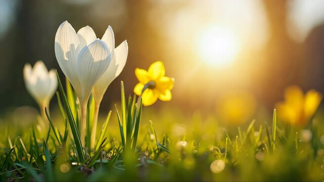Luminous spring flowers awaken, with radiant white crocuses and golden daffodils flourishing under a brilliant sun in a spring early morning or evening.