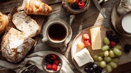 A cozy breakfast spread featuring fresh bread, croissants, a cheese and fruit platter, berries, coffee, and milk, all arranged on a rustic wooden table