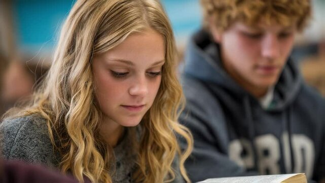 Focused student reading a book in a classroom, possibly studying or engaging in religious practice, with a blurred classmate in the background