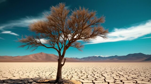 A lone tree in a dried-up lake bed, surrounded by cracked, barren earth under an intense blue sky, showing the effects of prolonged drought