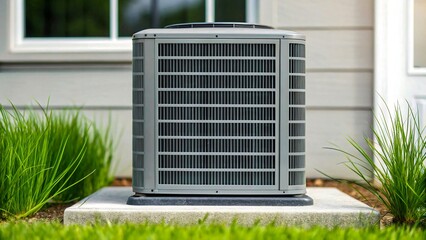 Modern central air conditioning unit outside house surrounded by green grass
