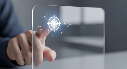 A hand touching a target symbol on a transparent screen with glowing particles isolated on white background, tarensparent background, png, jpg,jpeg,  on transparent background